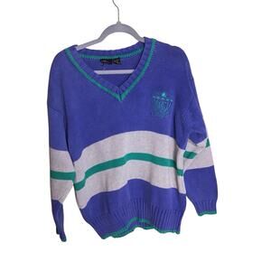 Liz Sport Women Vintage Sweater  Sz.Med Blue Stripe EUC 90’s V-Neck Crest Y2K